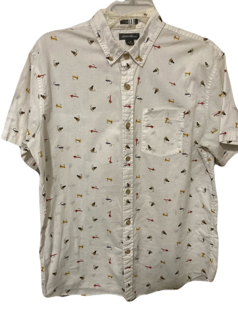 Eddie Bauer White Short-Sleeve Button-Down Shirt with Multicolor Animal Print